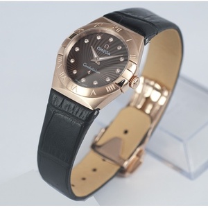 Omega Constellation Double Eagle Series 18K Rose Gold Ladies Quartz Watch Sort læderrem schweiziske Original Quartz Movement Hong Kong Forsamling