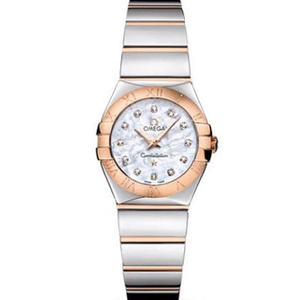 V6 Omega Constellation Series Ladies Quartz Watch 27mm One to One Indgraveret Ægte Shell Face Rose Gold