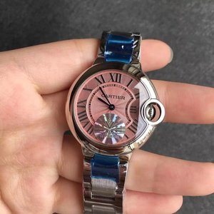 V6 Factory Cartier Blå Ballon Pink Face Quartz Ladies Watch Burning Blue Steel Needle.