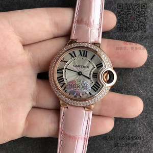 v6 Indgraveret Cartier blå ballon Kvarts Kvinders Watch Rose Gold Diamond Pink Belt