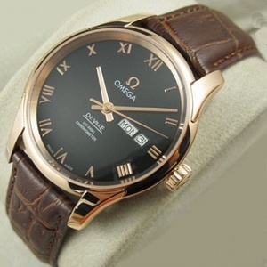 Omega Schmetterling Serie Herrenuhr 18K Rose Gold Dual Kalender schwarz Ledergürtel automatische mechanische Herrenuhr Schweizer Uhr