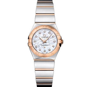 V6 Omega Constellation Serie Damen Quarzuhr 27mm eins zu eingravierte echte Shell Gesicht Rose Gold