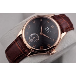 Rolex Cellini zweihändige halbautomatische mechanische Uhr Herrenuhr 18K roségold schwarz Gesicht braun Armband