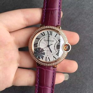 Neu gravierte Cartier blau Ballon Medium Rose Gold mechanische Uhr mit Diamant-Ring v6