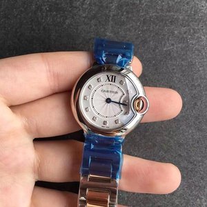 V6 fabrikneue Cartier blaue Ballon Stein Zifferblatt 33 Damen Quarzuhr mit goldenem Armband