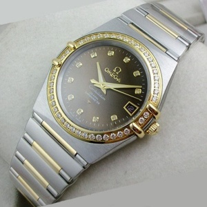 Omega Constellation Series Ladies reloj caja diamante caja 18K rosa oro banda de acero banda romana caja de dos pines diamante escala negro cara suiza cuarzo reloj de mujer