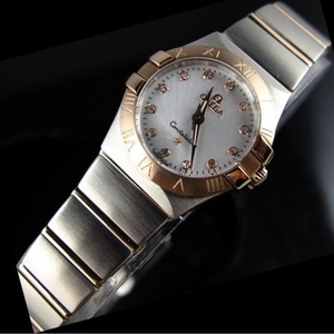 Suizo Omega OMEGA Constellation cuarzo doble águila 18K rosa oro ultra delgado reloj de mujer blanco cara diamante escala señoras