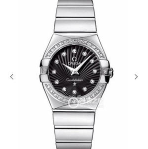 V6 Omega Constellation Series Reloj de cuarzo de señoras 27mm uno a uno grabado diamantes de cara negra genuina