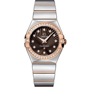 V6 Omega Constellation Series Reloj de cuarzo de señoras 27mm uno a uno grabado diamante de cara de café genuino