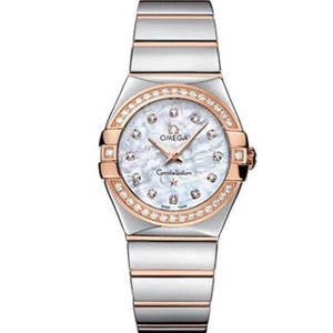 V6 Omega Constellation Series Reloj de cuarzo de las damas 27mm uno a uno grabado genuino concha cara rosa oro diamantes