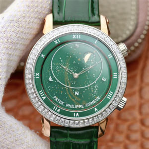 Patek Philippe actualizado cielo estrellado 5102 superficie verde, correa de cuero superior perla reloj mecánico automático para hombre.