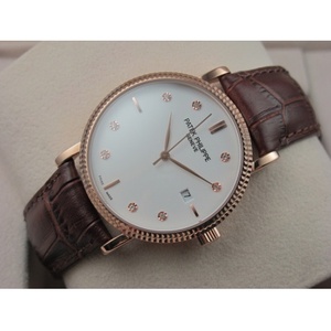 Reloj suizo Patek Philippe vintage reloj de los hombres 18K correa de cuero de oro rosa de tres manos cara blanca roman diamante escala suiza