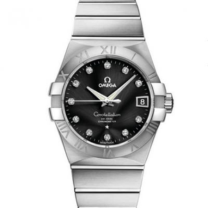 VS Omega Constellation 123.10.38.21.51.001 reloj mecánico para hombre con esfera negra y diamantes.