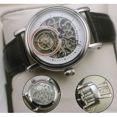 Movimiento suizo imitación fina superior Patek Philippe verdadero tourbillon reloj de cuerda manual semiautomático reloj mecánico de los hombres negro reloj - Haga un click en la imagen para cerrar