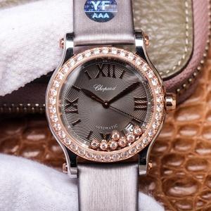 Horloge YF Chopard Happy Diamond 278559-3003, mechanisch dameshorloge met diamanten bezaaid roségoud, zijden band