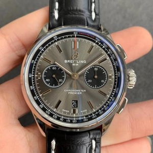 GF fabriken titta Breitling Premier B01 kronograf klocka, automatisk mekanisk kronograf rörelse, läderrem, herrklocka.